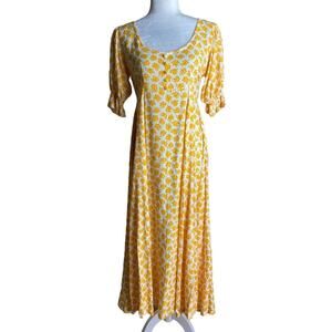 Faithfull The Brand Sz‎ 4/Small Linnie Midi Dress Yellow Floral Modest Trad Wife